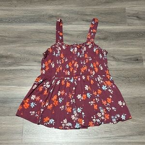 Torrid 0 (Large) Cami Babydoll Washable Gauze Smocked Abstract Floral Maroon NWT